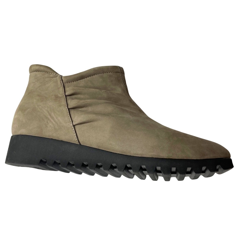 Aetrex‎ Womens Leather Ruched Ankle Boots Taupe Brown Lug Sole Side Zip Booties